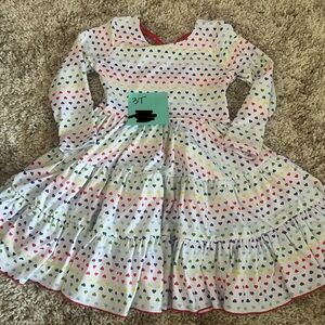 White Long-Sleeve Tiered Dress with Rainbow Hearts